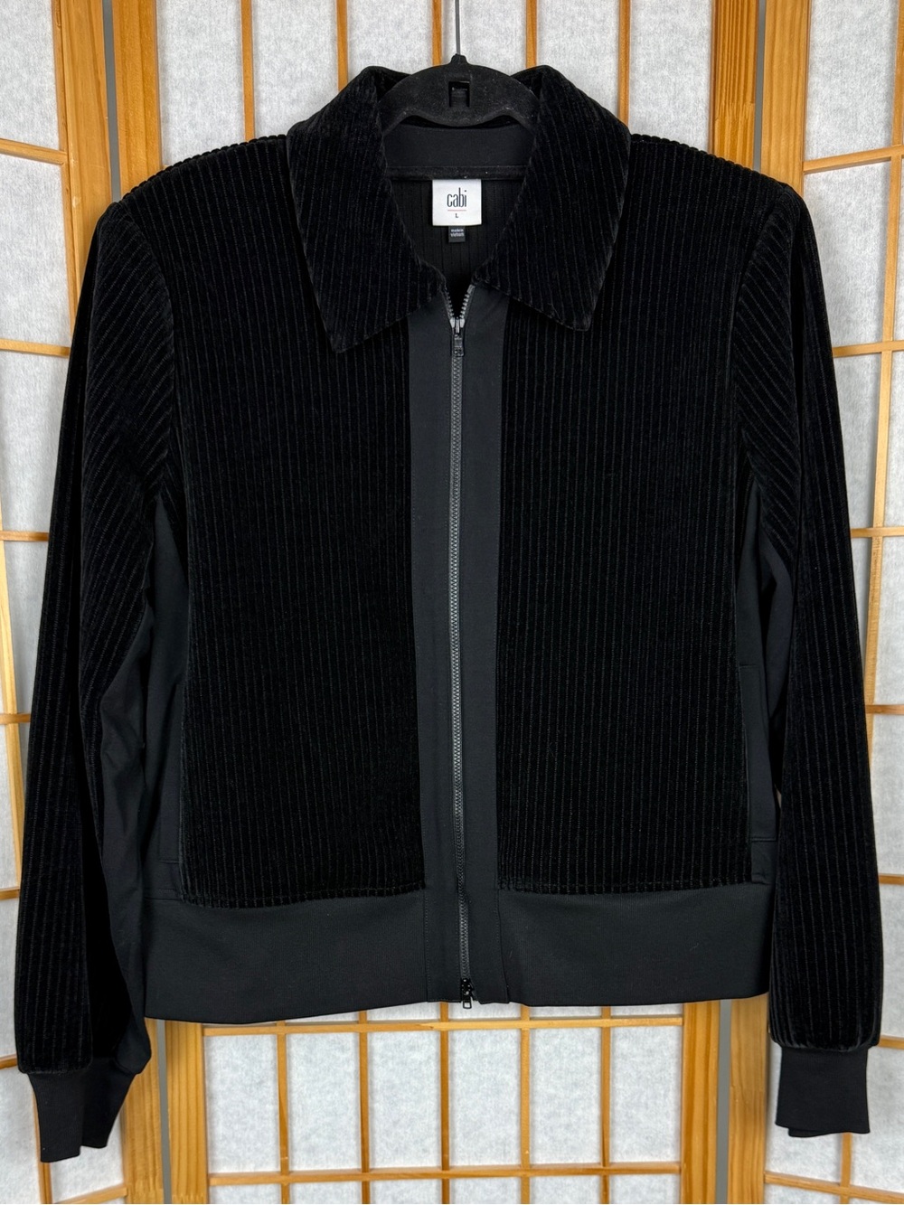 Cabi Black Ribbed Corduroy Zip Up Dynamic Jacket Shoulder Pads Size L